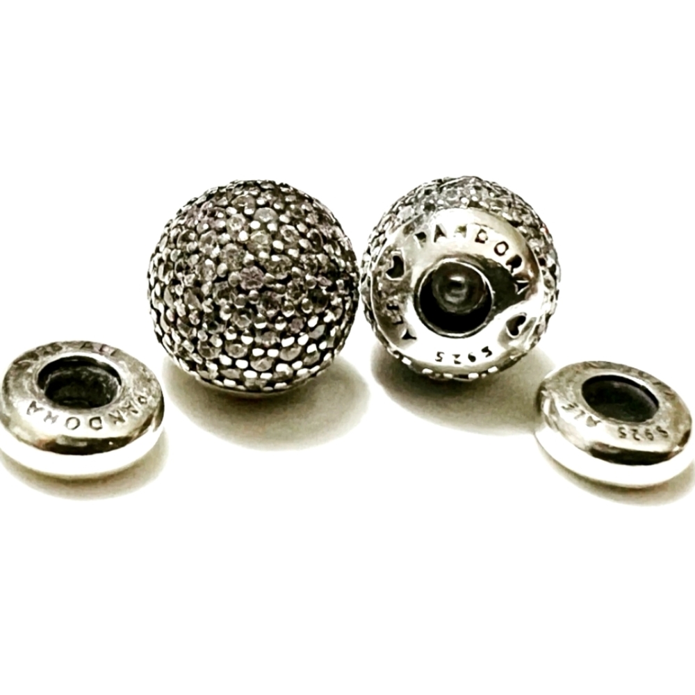 Pair Of Pandora Pave " End Caps And 2 Stoppers " Silv… Gem